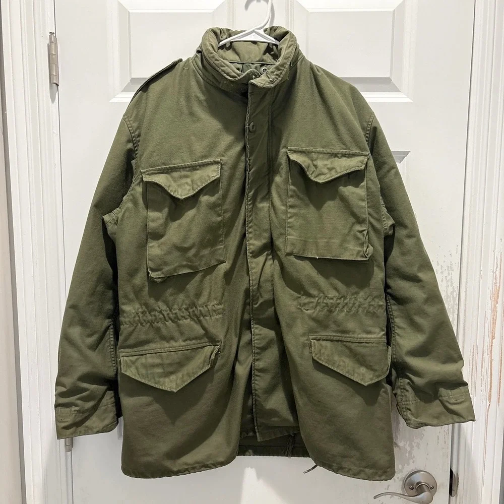 Vintage 80s US Army OG 107 Field Jacket Olive Green Military Coat Medium Long